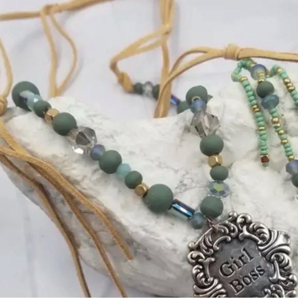 Bohemian Green and Silver 'Girl Boss' Necklace - Picture 6 of 8